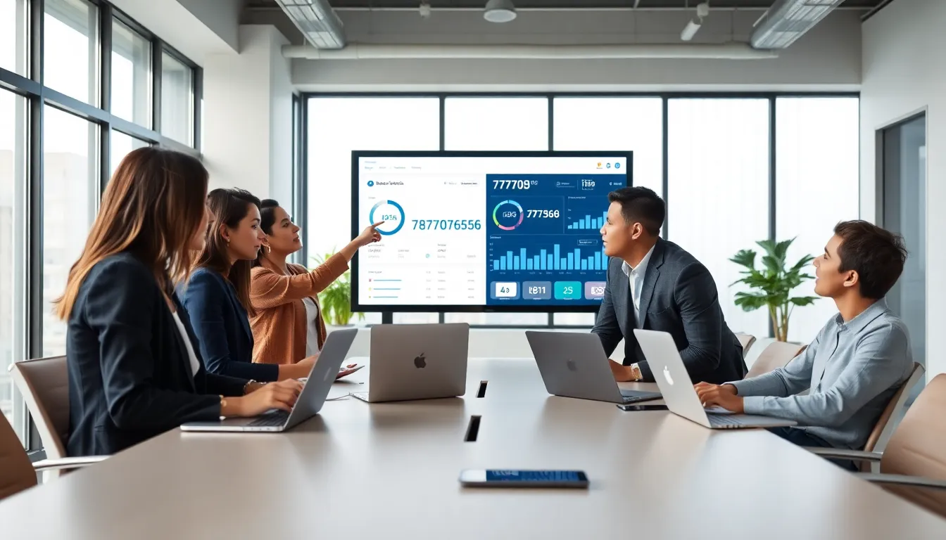 professionals discussing telecommunications data in a modern office.